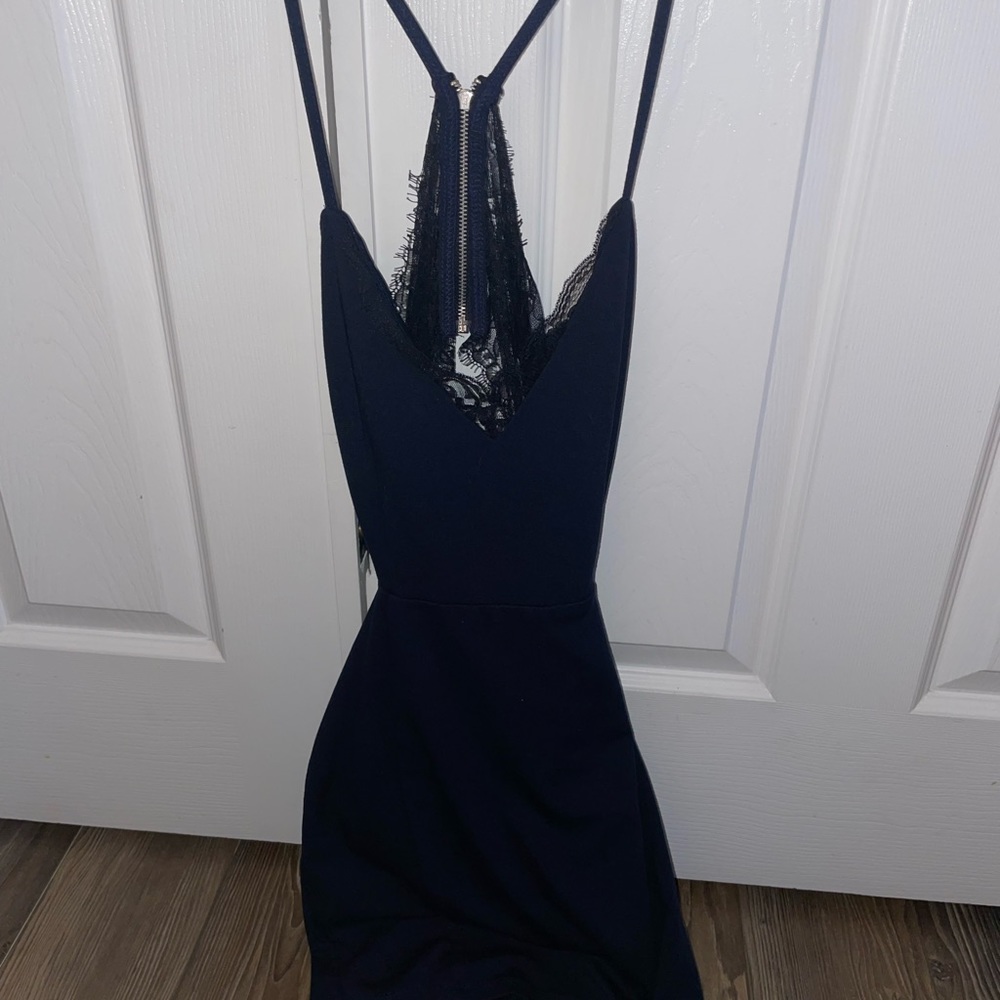 Blue and black lace mini dress